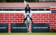 12 August 2023; Jordan Coyle of Ireland competes on Eristov during the Defender Puissance during the 2023 Longines FEI Dublin Horse Show at the RDS in Dublin. Photo by David Fitzgerald/Sportsfile