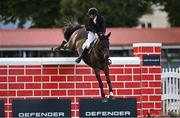 12 August 2023; Brendan Murphy of Ireland competes on Erne Riverrun during the Defender Puissance during the 2023 Longines FEI Dublin Horse Show at the RDS in Dublin. Photo by David Fitzgerald/Sportsfile