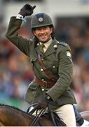 12 August 2023; Commandant Geoff Curran of Ireland celebrates on Bishops Quarter after winning the Defender Puissance during the 2023 Longines FEI Dublin Horse Show at the RDS in Dublin. Photo by David Fitzgerald/Sportsfile