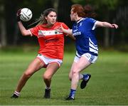 12 August 2023; Cliona Martin of Newtownbutler First Fermanagh's, Fermanagh, in action against Eva Manley Shelmalier's of Wexford in the intermediate competition at the 2023 currentaccount.ie All-Ireland Club 7s tournament at Naomh Mearnóg GAA Club in Malahide, Dublin. Photo by Piaras Ó Mídheach/Sportsfile