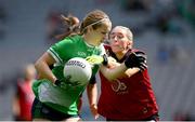13 August 2023; Caoimhe McGrath of Limerick in action against Natalie McKibbin of Down during the 2023 TG4 All-Ireland Ladies Junior Football Championship Final match between Down and Limerick at Croke Park in Dublin. Photo by Seb Daly/Sportsfile