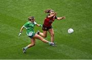 13 August 2023; Deborah Murphy of Limerick and Aimee Greene of Down during the 2023 TG4 All-Ireland Ladies Junior Football Championship Final match between Down and Limerick at Croke Park in Dublin. Photo by Ramsey Cardy/Sportsfile