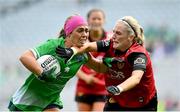 13 August 2023; Karen O’Leary of Limerick in action against Orla Boyle of Down during the 2023 TG4 All-Ireland Ladies Junior Football Championship Final match between Down and Limerick at Croke Park in Dublin. Photo by Seb Daly/Sportsfile