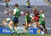 13 August 2023; Aoife Brogan of Down shoots at goal despite the efforts of Lauren Ryan of Limerick during the 2023 TG4 All-Ireland Ladies Junior Football Championship Final match between Down and Limerick at Croke Park in Dublin. Photo by John Sheridan/Sportsfile