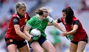 13 August 2023; Caoimhe McGrath of Limerick in action against Meghan Doherty, left, and Niamh Scullion of Down during the 2023 TG4 All-Ireland Ladies Junior Football Championship Final match between Down and Limerick at Croke Park in Dublin. Photo by Piaras Ó Mídheach/Sportsfile