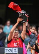 13 August 2023; Down captain Meghan Doherty lifts the cup after the 2023 TG4 All-Ireland Ladies Junior Football Championship Final match between Down and Limerick at Croke Park in Dublin. Photo by Piaras Ó Mídheach/Sportsfile