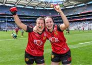 13 August 2023; Natasha Ferris, left, and Aimee O'Higgins of Down celebrate after the 2023 TG4 All-Ireland Ladies Junior Football Championship Final match between Down and Limerick at Croke Park in Dublin. Photo by Piaras Ó Mídheach/Sportsfile
