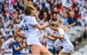 13 August 2023; Ellen Dowling of Kildare, right, celebrates after scoring her side's second goal during the 2023 TG4 All-Ireland Ladies Intermediate Football Championship Final match between Clare and Kildare at Croke Park in Dublin. Photo by Seb Daly/Sportsfile