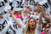 13 August 2023; Kildare supporters celebrate their side's first goal, scored by Trina Duggan, during the 2023 TG4 All-Ireland Ladies Intermediate Football Championship Final match between Clare and Kildare at Croke Park in Dublin. Photo by Ramsey Cardy/Sportsfile