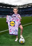 14 August 2023; Seven-year-old Aoife Callanan at Croke Park after being presented with her winning design for the nationwide Ladies Gaelic Football Jersey Design Competition which challenged shoppers to create a bespoke jersey design to celebrate the 50th Anniversary of the Ladies Gaelic Football Association. The presentation took place at Croke Park during the All-Ireland Ladies’ Football Finals on Sunday 13th September. Aoife is from Ballinadee/Ballinspittle, County Cork and plays Ladies Gaelic Football for Courcey Rovers.  Lidl will now produce 10,000 of her jersey design which shoppers will be able to access via the Lidl Plus LGFA Rewards Scheme.    Aoife and her family, who were Lidl’s guests at the All-Ireland Finals, also received €1,000 in Lidl vouchers for winning the competition. Photo by Ramsey Cardy/Sportsfile