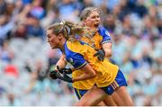 13 August 2023; Fidelma Marrinan of Clare, left, is congratulated by teammate Megan Downes after scoring their side's first goal during the 2023 TG4 All-Ireland Ladies Intermediate Football Championship Final match between Clare and Kildare at Croke Park in Dublin. Photo by Seb Daly/Sportsfile