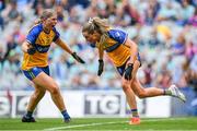 13 August 2023; Fidelma Marrinan of Clare, right, and teammate Megan Downes after scoring their side's first goal during the 2023 TG4 All-Ireland Ladies Intermediate Football Championship Final match between Clare and Kildare at Croke Park in Dublin. Photo by Seb Daly/Sportsfile