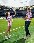 14 August 2023; Seven-year-old Aoife Callanan with her mother Claire Callanan at Croke Park after being presented with her winning design for the nationwide Ladies Gaelic Football Jersey Design Competition which challenged shoppers to create a bespoke jersey design to celebrate the 50th Anniversary of the Ladies Gaelic Football Association. The presentation took place at Croke Park during the All-Ireland Ladies’ Football Finals on Sunday 13th September. Aoife is from Ballinadee/Ballinspittle, County Cork and plays Ladies Gaelic Football for Courcey Rovers.  Lidl will now produce 10,000 of her jersey design which shoppers will be able to access via the Lidl Plus LGFA Rewards Scheme.    Aoife and her family, who were Lidl’s guests at the All-Ireland Finals, also received €1,000 in Lidl vouchers for winning the competition. Photo by Ramsey Cardy/Sportsfile
