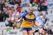 13 August 2023; Chloe Moloney of Clare celebrates after scoring her side's second goal during the 2023 TG4 All-Ireland Ladies Intermediate Football Championship Final match between Clare and Kildare at Croke Park in Dublin. Photo by Seb Daly/Sportsfile