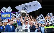 13 August 2023; Kildare captain Grace Clifford lifts the Mary Quinn Memorial Cup after the 2023 TG4 All-Ireland Ladies Intermediate Football Championship Final match between Clare and Kildare at Croke Park in Dublin. Photo by Seb Daly/Sportsfile