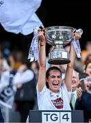 13 August 2023; Kildare captain Grace Clifford lifts the Mary Quinn Memorial Cup after the 2023 TG4 All-Ireland Ladies Intermediate Football Championship Final match between Clare and Kildare at Croke Park in Dublin. Photo by Piaras Ó Mídheach/Sportsfile