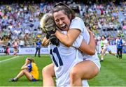 13 August 2023; Kildare players Neasa Dooley, left, and Fiona Troute celebrate after their side's victory in the 2023 TG4 All-Ireland Ladies Intermediate Football Championship Final match between Clare and Kildare at Croke Park in Dublin. Photo by Piaras Ó Mídheach/Sportsfile