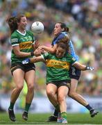 13 August 2023; Hannah Tyrrell of Dublin is tackled by Kerry players Kayleigh Cronin, left, and Aishling O'Connell during the 2023 TG4 LGFA All-Ireland Senior Championship Final match between Dublin and Kerry at Croke Park in Dublin. Photo by John Sheridan/Sportsfile