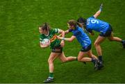 13 August 2023; Anna Galvin of Kerry gets away from Aoife Kane, centre, and Eilish O'Dowd of Dublin during the 2023 TG4 LGFA All-Ireland Senior Championship Final match between Dublin and Kerry at Croke Park in Dublin. Photo by Ramsey Cardy/Sportsfile