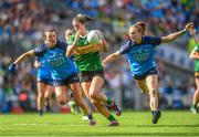 13 August 2023; Emma Costello of Kerry is tackled by Dublin Players Leah Caffrey, left, and Lauren Magee during the 2023 TG4 LGFA All-Ireland Senior Championship Final match between Dublin and Kerry at Croke Park in Dublin. Photo by John Sheridan/Sportsfile