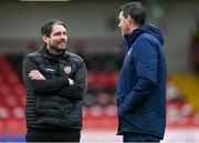 13 August 2023; Derry City manager Ruaidhrí Higgins and Drogheda United manager Kevin Doherty, right, before the SSE Airtricity Men's Premier Division match between Derry City and Drogheda United at The Ryan McBride Brandywell Stadium in Derry. Photo by Stephen McCarthy/Sportsfile