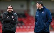 13 August 2023; Derry City manager Ruaidhrí Higgins and Drogheda United manager Kevin Doherty, right, before the SSE Airtricity Men's Premier Division match between Derry City and Drogheda United at The Ryan McBride Brandywell Stadium in Derry. Photo by Stephen McCarthy/Sportsfile