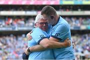 13 August 2023; Dublin manager Mick Bohan, right, and analyst Frankie Roebuck celebrate after their side's victory in the 2023 TG4 LGFA All-Ireland Senior Championship Final match between Dublin and Kerry at Croke Park in Dublin. Photo by Seb Daly/Sportsfile