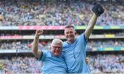 13 August 2023; Dublin manager Mick Bohan, right, and analyst Frankie Roebuck celebrate after their side's victory in the 2023 TG4 LGFA All-Ireland Senior Championship Final match between Dublin and Kerry at Croke Park in Dublin. Photo by Seb Daly/Sportsfile