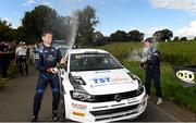 13 August 2023; Callum Devine and Noel O'Sullivan celebrate after winning the ALMC Hellfire Rally Round Six of the Triton Showers National Rally Championship at Oldcastle in Meath. Photo by Philip Fitzpatrick/Sportsfile