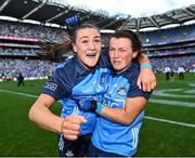 13 August 2023; Dublin players Niamh Hetherton, left, and Leah Caffrey celebrate after their side's victory in the 2023 TG4 LGFA All-Ireland Senior Championship Final match between Dublin and Kerry at Croke Park in Dublin. Photo by Piaras Ó Mídheach/Sportsfile