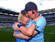 13 August 2023; Dublin manager Mick Bohan celebrates with team captain Carla Rowe after their side's victory in the 2023 TG4 LGFA All-Ireland Senior Championship Final match between Dublin and Kerry at Croke Park in Dublin. Photo by Piaras Ó Mídheach/Sportsfile