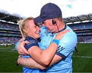 13 August 2023; Dublin manager Mick Bohan celebrates with team captain Carla Rowe after their side's victory in the 2023 TG4 LGFA All-Ireland Senior Championship Final match between Dublin and Kerry at Croke Park in Dublin. Photo by Piaras Ó Mídheach/Sportsfile