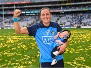 13 August 2023; Player of the match Hannah Tyrrell of Dublin celebrates with her daughter Aoife, age 7 weeks, after victory in the 2023 TG4 LGFA All-Ireland Senior Championship Final match between Dublin and Kerry at Croke Park in Dublin. Photo by Piaras Ó Mídheach/Sportsfile