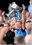 13 August 2023; Dublin captain Carla Rowe lifts the Brendan Martin Cup after the 2023 TG4 LGFA All-Ireland Senior Championship Final match between Dublin and Kerry at Croke Park in Dublin. Photo by Ramsey Cardy/Sportsfile