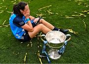 13 August 2023; Player of the match Hannah Tyrrell of Dublin savouring the moment as she celebrates with her daughter Aoife, age 7 weeks, alongside the Brendan Martin Cup after victory in the 2023 TG4 LGFA All-Ireland Senior Championship Final match between Dublin and Kerry at Croke Park in Dublin. Photo by Piaras Ó Mídheach/Sportsfile