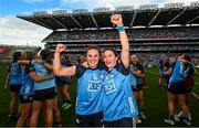 13 August 2023; Kate Sullivan, left, and Sinéad Aherne of Dublin celebrate after the 2023 TG4 LGFA All-Ireland Senior Championship Final match between Dublin and Kerry at Croke Park in Dublin. Photo by Ramsey Cardy/Sportsfile