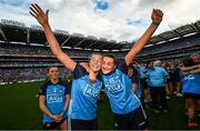 13 August 2023; Jennifer Dunne, left, and Niamh Hetherton of Dublin celebrate after the 2023 TG4 LGFA All-Ireland Senior Championship Final match between Dublin and Kerry at Croke Park in Dublin. Photo by Ramsey Cardy/Sportsfile