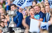 13 August 2023; Dublin captain Carla Rowe awaits to lift the Brendan Martin Cup after the 2023 TG4 LGFA All-Ireland Senior Championship Final match between Dublin and Kerry at Croke Park in Dublin. Photo by Ramsey Cardy/Sportsfile