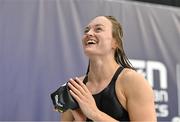 13 August 2023; Mona McSharry of Ireland acknowledges supporters after winning the women's 200m breaststroke final during day three of the European U23 Swimming Championships at the National Aquatic Centre in Dublin. Photo by Tyler Miller/Sportsfile
