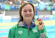 13 August 2023; Mona McSharry of Ireland celebrates with her gold medal after winning the women's 200m breaststroke final during day three of the European U23 Swimming Championships at the National Aquatic Centre in Dublin. Photo by Tyler Miller/Sportsfile
