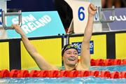 13 August 2023; Mona McSharry of Ireland celebrates after her victory in the women's 200m breaststroke final during day three of the European U23 Swimming Championships at the National Aquatic Centre in Dublin. Photo by Tyler Miller/Sportsfile