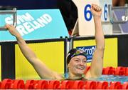 13 August 2023; Mona McSharry of Ireland celebrates after her victory in the women's 200m breaststroke final during day three of the European U23 Swimming Championships at the National Aquatic Centre in Dublin. Photo by Tyler Miller/Sportsfile