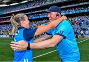 13 August 2023; Dublin manager Mick Bohan celebrates with Jennifer Dunne after their side's victory in the 2023 TG4 LGFA All-Ireland Senior Championship Final match between Dublin and Kerry at Croke Park in Dublin. Photo by Piaras Ó Mídheach/Sportsfile