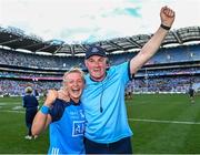 13 August 2023; Dublin manager Mick Bohan celebrates with team captain Carla Rowe after their side's victory in the 2023 TG4 LGFA All-Ireland Senior Championship Final match between Dublin and Kerry at Croke Park in Dublin. Photo by Piaras Ó Mídheach/Sportsfile