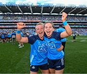 13 August 2023; Dublin players Carla Rowe, left, Martha Byrne celebrate after their side's victory in the 2023 TG4 LGFA All-Ireland Senior Championship Final match between Dublin and Kerry at Croke Park in Dublin. Photo by Piaras Ó Mídheach/Sportsfile
