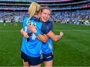 13 August 2023; Dublin players Martha Byrne, right, and Carla Rowe celebrate after their side's victory in the 2023 TG4 LGFA All-Ireland Senior Championship Final match between Dublin and Kerry at Croke Park in Dublin. Photo by Piaras Ó Mídheach/Sportsfile
