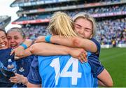 13 August 2023; Dublin players Ellen Gribben celebrates with team-mate Carla Rowe after their side's victory in the 2023 TG4 LGFA All-Ireland Senior Championship Final match between Dublin and Kerry at Croke Park in Dublin. Photo by Piaras Ó Mídheach/Sportsfile