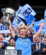 13 August 2023; Dublin captain Carla Rowe lifts the Brendan Martin Cup after her side's victory in the 2023 TG4 LGFA All-Ireland Senior Championship Final match between Dublin and Kerry at Croke Park in Dublin. Photo by Piaras Ó Mídheach/Sportsfile