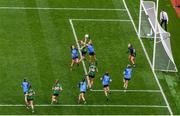 13 August 2023; Louise Ní Mhuircheartaigh of Kerry scores her side's first goal, under pressure from Dublin's Leah Caffrey, left, and Niamh Donlon, during the 2023 TG4 LGFA All-Ireland Senior Championship Final match between Dublin and Kerry at Croke Park in Dublin. Photo by Seb Daly/Sportsfile