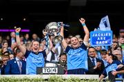 13 August 2023; Dublin players Sinéad Wylde, left, and Jennifer Dunne lift the Brendan Martin Cup after the 2023 TG4 LGFA All-Ireland Senior Championship Final match between Dublin and Kerry at Croke Park in Dublin. Photo by Seb Daly/Sportsfile